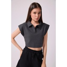 Defy's Kadın Polo Yaka Regular Fit Basic Crop Antrasit Melanj