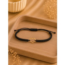 Sarezza Gold 14 Ayar Altın Kalp Figür Siyah Örgü Bileklik