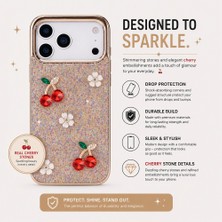 PLM Freya iPhone 17 Pro Uyumlu Taşlı Kılıf – Gold Çerçeveli, Kiraz Detaylı, Darbe Korumalı Şeffaf Lüks Telefon Kılıfı