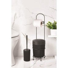 Bezos Metal Standlı Yuvarlak Kovalı & Kağıtlıklı & Fırçalıklı Siyah Banyo Takımı