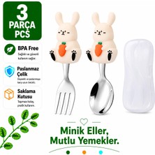 Jojobebek Hayvan (Tavşan) Figürlü Premium Çocuk Bpa Free Silikon Saplı Paslanmaz Çelik Uçlu Çatal-Kaşık,9+ Ay