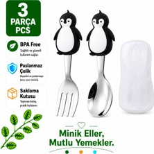 Jojobebek Lacivert Penguen Figürlü Premium Çocuk Bpa Free Silikon Saplı Paslanmaz Çelik Uçlu Çatal-Kaşık,9+ Ay