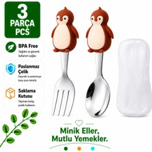 Jojobebek Kahverengi Penguen Premium Çocuk Bpa Free Silikon Saplı Paslanmaz Çelik Uçlu Çatal-Kaşık 9+ Ay