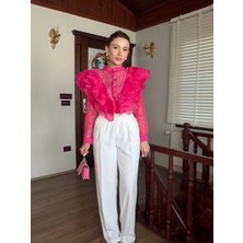 Arwey Volanlı Fırfırlı Pembe Gömlek