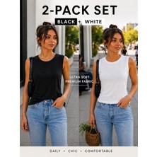Hayalet 2'li Set Kadın Bisiklet Yaka Kolsuz Basic T-Shirt – Fit Premium Bluz -Dar Kalıp