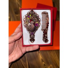 Osmanlı Saray Koleksiyonu 14X7 cm Işlemeli El Aynası ve Tarak Seti Antik Bakır Taşlı Lüks Hediye Kutulu