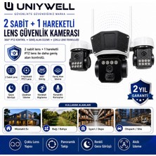 Uniywell 3 Kameralı 2 Sabit 1 Ptz  Aov 6mp Solar Kamera Yıllık 180GB Sim Kart ve 32GB Sd Kart Dahil