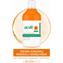 Acvit Yüksek Korumalı Mineralli Güneş Kremi SPF 50+ PA++++ 100 ML | Beyazlık Bırakmayan Formül ve Günlük Nemlendirme