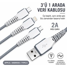 Hızlı Şarj Kablosu 3'lü USB Type-C+Ios+Mıcro (Deri Kablo - Gri Renk)
