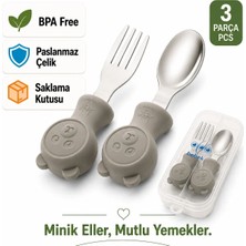 Jojobebek Gri Renk Ayıcık Figürlü Premium Çocuk BPA Free Silikon Sap Paslanmaz Çelik Uçlu Çatal-Kaşık Set ve Saklama Kutusu 9+ Ay