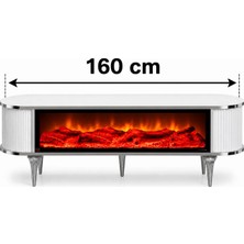 Lüks - Şömineli Tv Sehpası Ünitesi -160 cm - Beyaz Renk Krom Detaylı