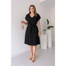 Livizmir Moda Kadın Kısa Kollu V Yakalı Beli Kuşaklı Ithal Keten Elbise