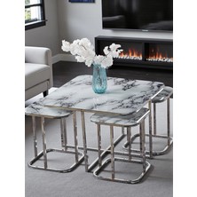 Sedaş Living Units Pelikan 4+1 Beyaz Mermer Temperli Cam Gümüş Metal Ayak Takım Sehpa Sedaş_lıvıng_unıts_sehpa