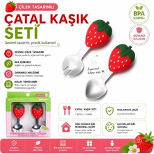 Jojobebek Çilek Figürlü Premium Çocuk Bpa Free Silikon Sap Paslanmaz Çelik Uçlu Çatal-Kaşık Set 9+ Ay