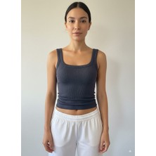 Nocturne Kare Yaka Rib Detaylı Siyah Tank Top