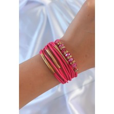 Pembe Renk Zirkon Taşlı Metal Aksesuarlı Ipli Çoklu Bileklik 5886