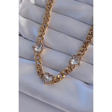 316L Çelik Gold Renk Zirkon Taşlı Kalp Model Zincir Kolye 5886