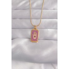 316L Çelik Gold Renk Mor Mineli El Figür Tarot Kolye 5886