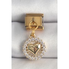 316L Çelik Gold Renk Sallantı Zirkon Taşlı Kalp Model Nomination Charm 5886