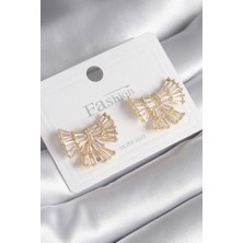 Pirinç Gold Renk Zirkon Taşlı Kurdele Model Kadın Küpe 5886