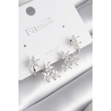 Pirinç Gümüş Renk Zirkon Taşlı Çiçek Tasarım Kadın Küpe 5886