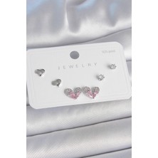 Pirinç Gümüş Renk Pembe Zirkon Taşlı Kalp Model 925 Ayar Gümüş Çivi Kadın Küpe Seti 5886