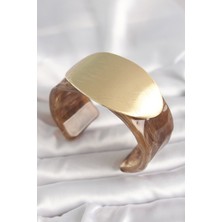 Kahverengi Mermer Desen Akrilik Plastik Gold Oval Plaka Model Vintage Kadın Bilezik 5886