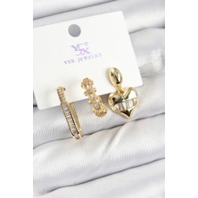 Pirinç Zirkon Taşlı Kalp Model Gold Renk 3'lü Kadın Küpe 5886