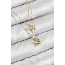 Pirinç Zirkon Taşlı Yıldız ve Ay Model Gold Renk Kadın Kolye 5886