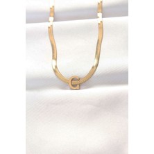 316L Çelik C Harfli Gold Renk Italyan Zincirli Kolye 5886
