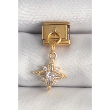 316L Çelik Gold Renk Sallantı Zirkon Taşlı Kutup Yıldız Model Nomination Charm 5886