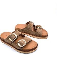 Rachel Milano Rachelmılano R59054 Hakiki Süet Deri Çift Bantlı Camel Bej Anatomik Kadın Terlik
