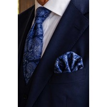 Kravatkolik Mavi Şal Desen Mendilli Klasik Kravat İthal Mikrofiber Kumaş  KK13125