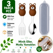Jojobebek Ayı Figürlü Kahverengi Premium Çocuk Bpa Free Silikon Saplı Paslanmaz Çelik Uçlu Çatal-Kaşık, (9+ Ay
