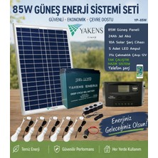 Yakens Enerji 85w Hazır Solar Paketi Güneş Paneli Enerji Sistem 24ah Jel Akü + 10a Şarj Kontrol Cihazı + 5 Led Ampul + 3'lü Çakmaklık Çıkışı | Taşınabilir Telefon Şarjlı Hazır Solar Aydınlatma Paketi