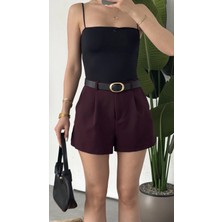Asfa Moda Kadın Bordo Yüksek Bel Cepli Pileli Şort , Şık Ofis & Günlük Mini Şort