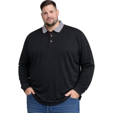 Battal Moda Battalmoda Erkek Büyük Beden Siyah %100 Pamuk Polo Yaka Uzun Kollu Tişört 5xl-6xl-7xl-8xl