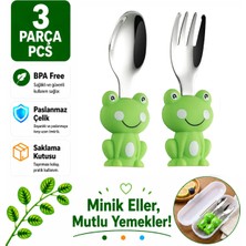 Kurbağa Figürlü Premium Çocuk Bpa Free Silikon Sap Paslanmaz Çelik Uçlu Çatal-Kaşık Set 9+ Ay