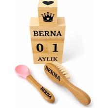 Shopfocus Kişiye Özel Isimli-Bebek Saç Fırçası Keçi Kılı-Bebek Mama Çocuk Yemek Kaşığı-Bebek Anı Küpü Tekstil BOYALI-%100 Doğal Organik Ahşap Set-Hediyelik-Yeni Doğan-Doğum Hediyesi