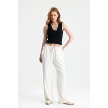 Rose Arya Beyaz Tensel Yıkamalı Beli Lastikli Pantalon