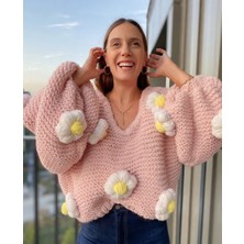 Organic Mira Kadın Pembe Çiçekli Oversize Kazak Papatyalı Kazak