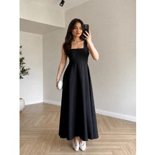 Askılı Arkadan Bağlamalı Siyah Maksi Elbise