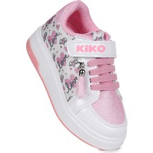 Kiko Kids Maria Cırtlı Simli Kız Çocuk Spor Ayakkabı Beyaz - Pembe Hafif ve Esnek Taban