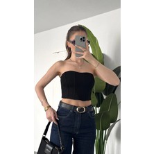 Asfa Moda Kadın Siyah Dikişli Straplez Crop Bluz - Korse Model Bustier