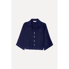 Mudo Kadın Lacivert 3/4 Kol Oversize Keten Gömlek