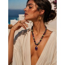 Solare Accessories Doğal Ametist ve Yeşim Taşı Kolye – Pirinç Detaylı El Yapımı Kadın Kolyesi