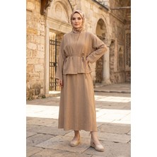 Modestim Kadın Vizon Ceket Kimono Bağlamalı Jile Elbise Ceket Ikili Tesettür Takım  Çilek Elbise Takım Kombin