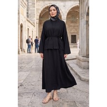 Modestim Kadın Siyah Ceket Kimono Bağlamalı Jile Elbise Ceket Ikili Tesettür Takım  Çilek Elbise Takım Kombin
