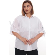 Lady Majestic %100 Cotton Büyük Beden Kadın Pamuklu Gömlek Rahat Kesim, Düğmeli, Volan Kol Detaylı