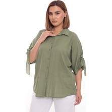 Lady Majestic %100 Cotton Büyük Beden Kadın Pamuklu Gömlek Rahat Kesim, Düğmeli, Volan Kol Detaylı